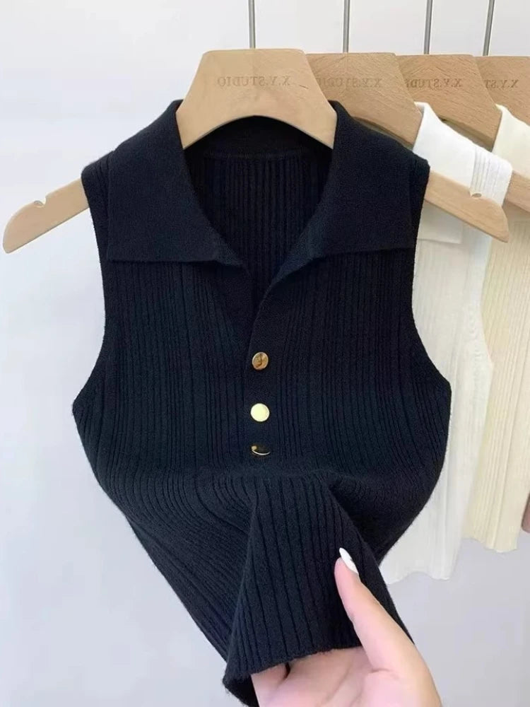 Zjaiss 2026 Spring Summer Slim Versatile Camisole Women's Polo Lapel Tank Tops Vest Ice Silk Knit Sleeveless Tops