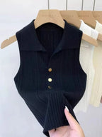 Zjaiss 2026 Spring Summer Slim Versatile Camisole Women's Polo Lapel Tank Tops Vest Ice Silk Knit Sleeveless Tops