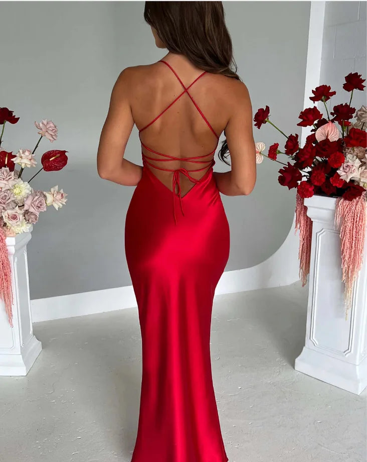 New Fashion Backless Women's Evening Dresses Slash Neck Spaghetti Strap Satin Dress Spring and Summer High Waist Slim Lady Dress
