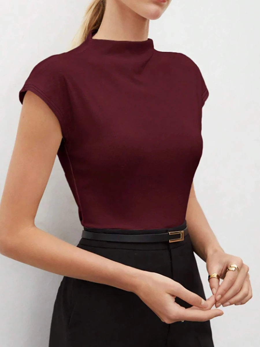 Hot Mock Neck Stretchy Slim Fit Burgundy Cap Sleeve Top, Blouse for Women Office & Daily