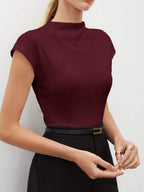 Hot Mock Neck Stretchy Slim Fit Burgundy Cap Sleeve Top, Blouse for Women Office & Daily