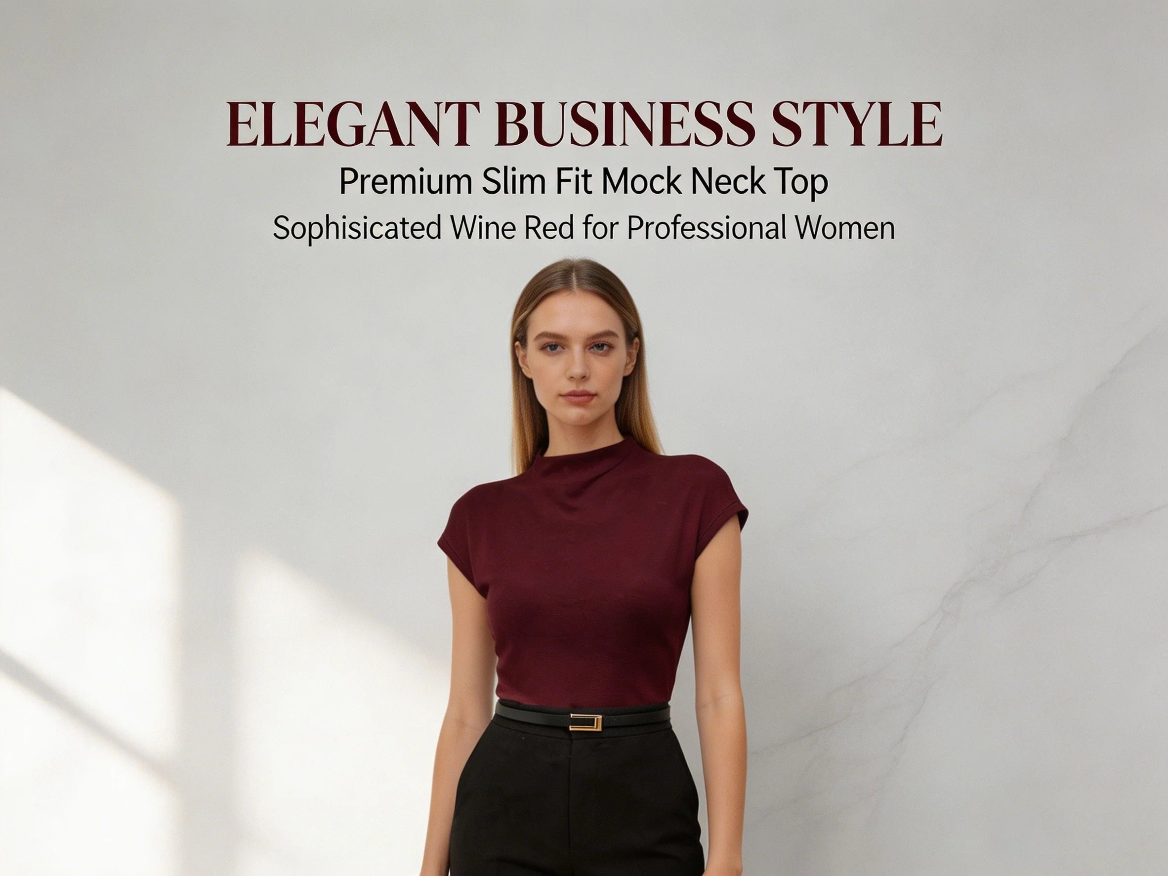 Hot Mock Neck Stretchy Slim Fit Burgundy Cap Sleeve Top, Blouse for Women Office & Daily