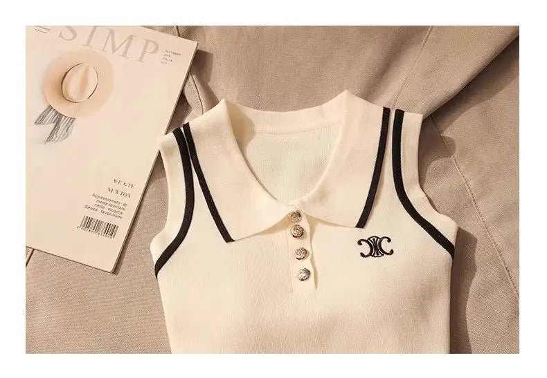 Women Summer Simplicity Office Lady Solid Color Polo Collar Knitting Tank Top Ladies Fashion All-match Trend Sleeveless Tops