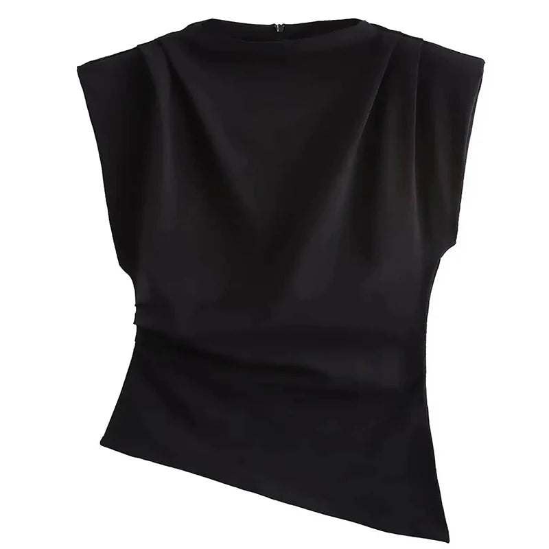 Round neck slim fit tank top with fashionable and sexy slanted edges simple pleats strapless decoration soft padded shoulder top