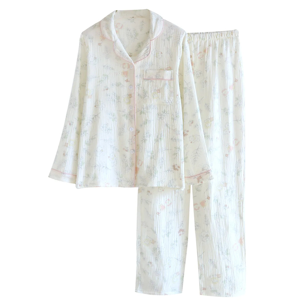 2026 Spring and Autumn New Women's Pajama Set 100% Cotton Crepe Cute Sweet Long Sleeve Long Pants Home Clothes Two Piece Set