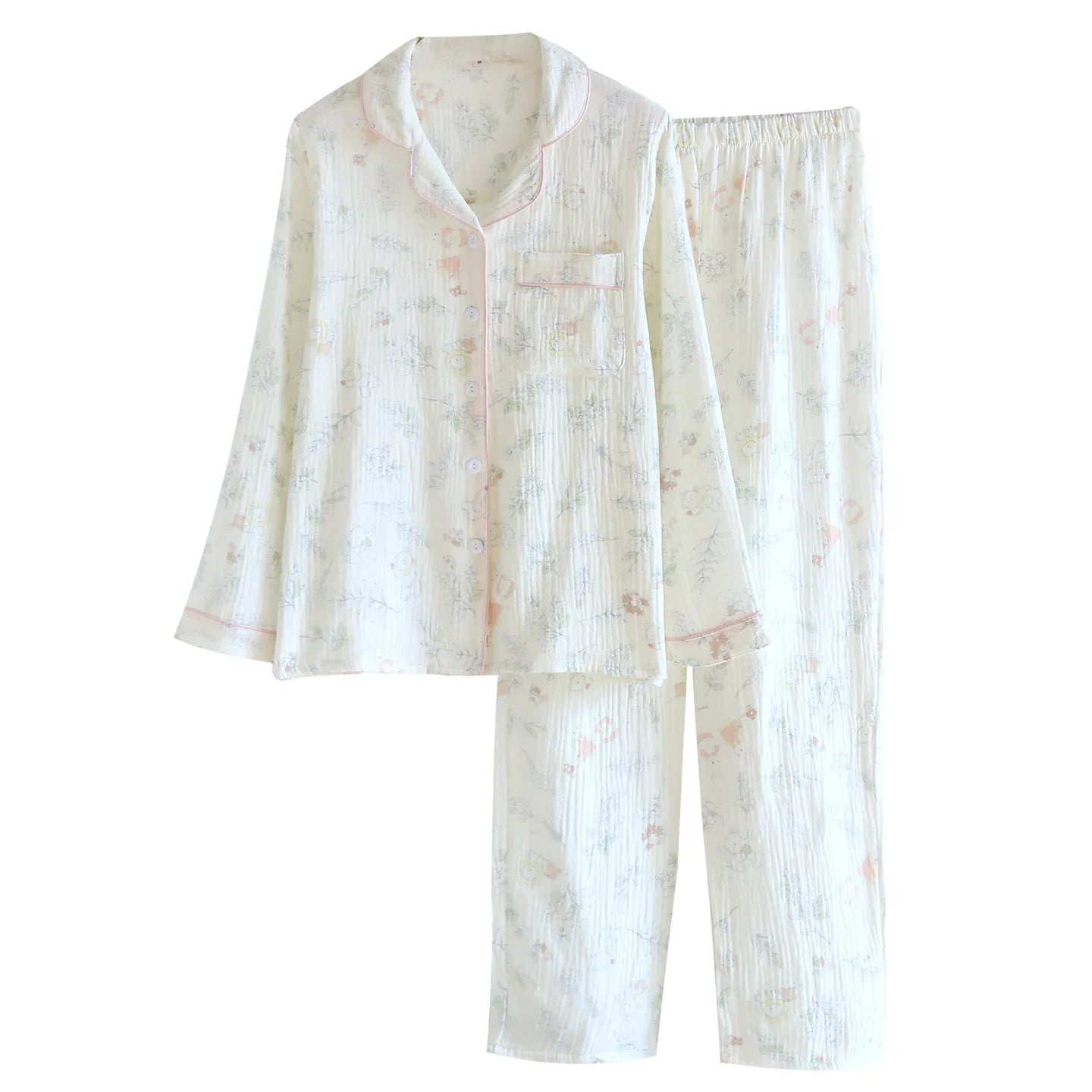 2026 Spring and Autumn New Women's Pajama Set 100% Cotton Crepe Cute Sweet Long Sleeve Long Pants Home Clothes Two Piece Set