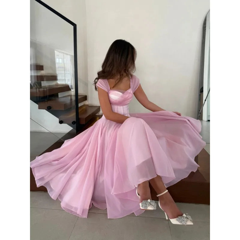 Women's Elegant Tulle Formal Dress Summer Sexy Square Neck Corset Waist A-Line Tea-Length Gown for Wedding Cocktail Party