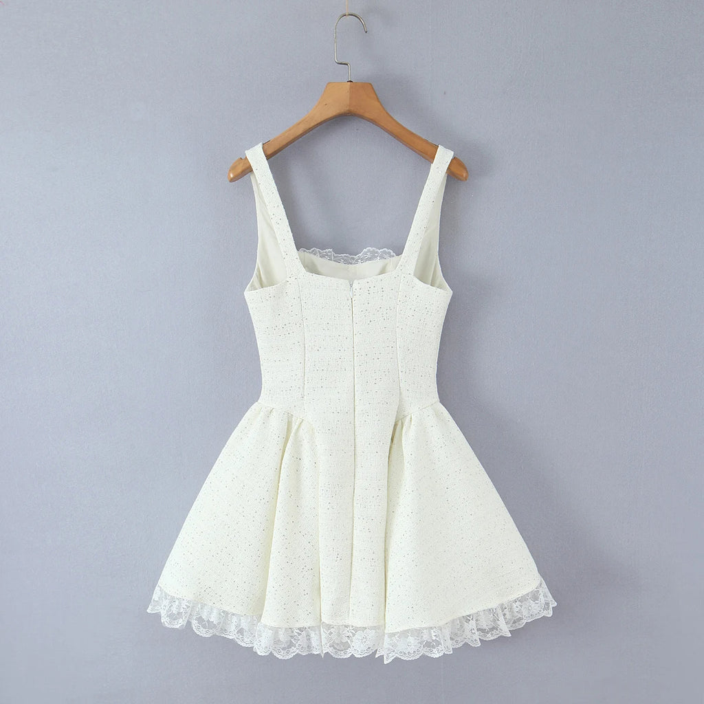 Sweet 3D Bow U collar Bright Sequins Tweed Tank Dress Women Back Zipper Low Waist Ruched Ball Gown Lace Hem Short Sling Vestidos