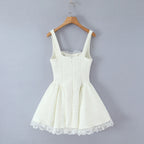 Sweet 3D Bow U collar Bright Sequins Tweed Tank Dress Women Back Zipper Low Waist Ruched Ball Gown Lace Hem Short Sling Vestidos