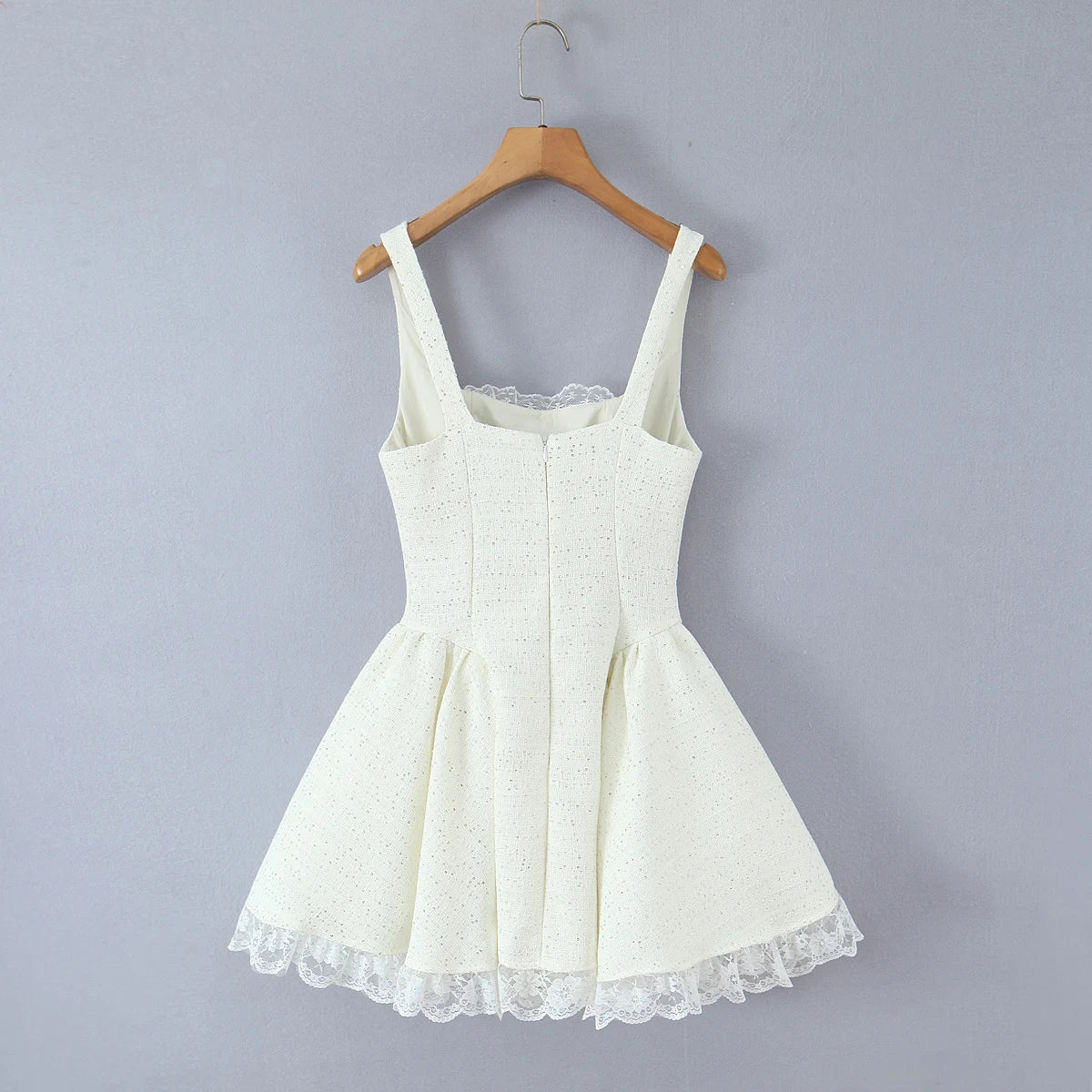 Sweet 3D Bow U collar Bright Sequins Tweed Tank Dress Women Back Zipper Low Waist Ruched Ball Gown Lace Hem Short Sling Vestidos