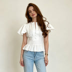 LIMO 2026 Women White Ruffle Sleeve Peplum Blouse V-Neck Elastic Waist Elegant Casual Top