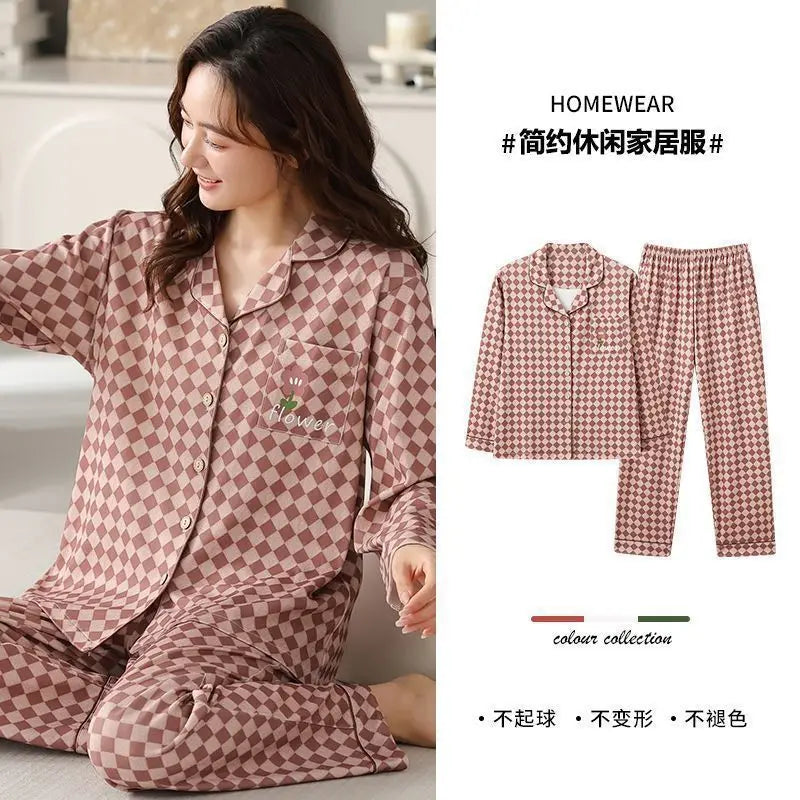 Spring Autumn Loose Long Sleeve Sleepwear Thin Home Clothes Set for Women Cotton Comfortable Home Suit Large Size Options