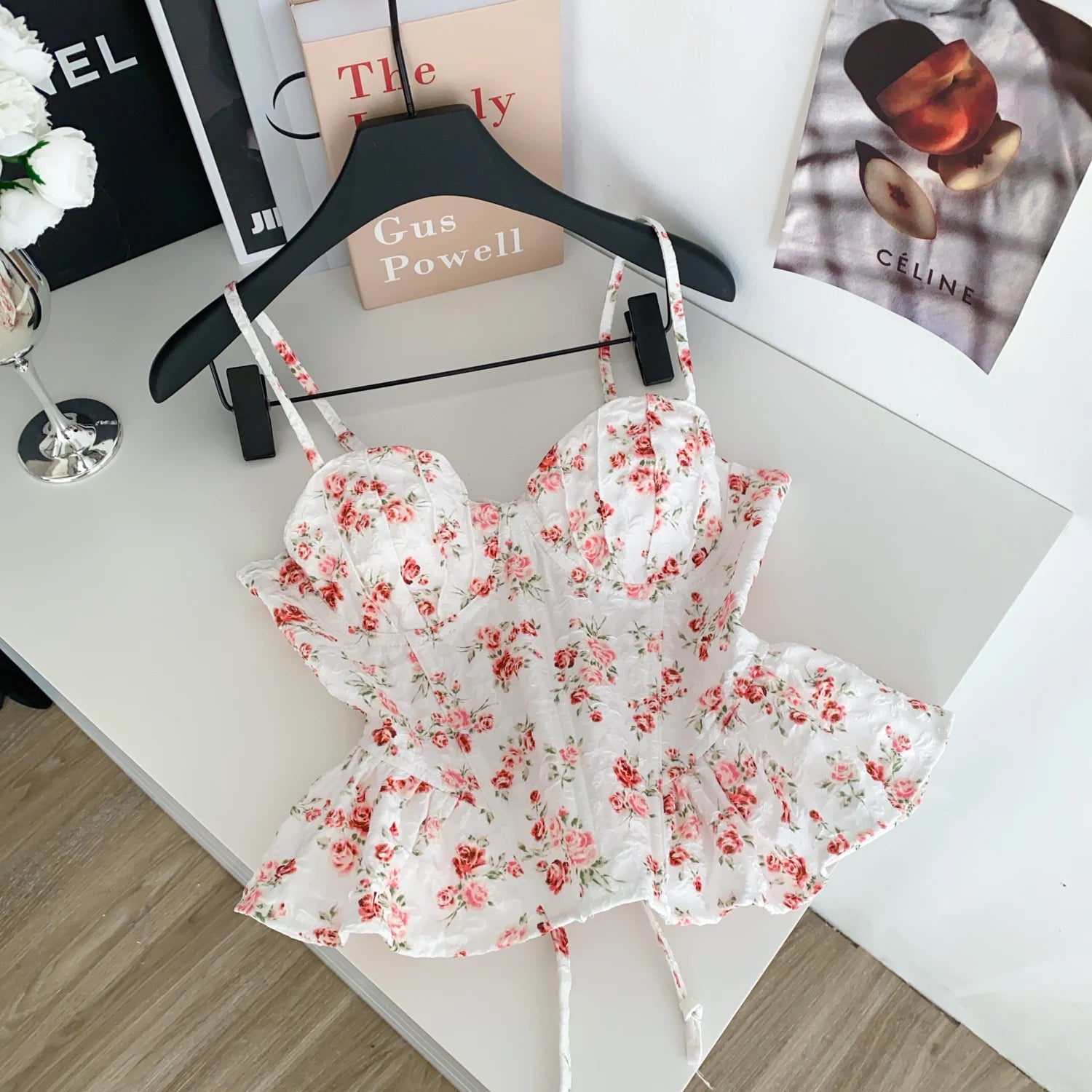 Sweet Spicy Floral Print Crop Top Women's Summer Pure Desire Versatile Bell Bottom Sleeveless Vest Belted Waist Halter Neck
