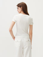 FSLE New Summer Women's Fitted Short Sleeve White T-Shirt with Buttons Soft Cotton Lyocell Office Commute Daily Versatile Top