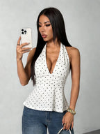 Women's Polka Dot Halter Top Sleeveless Deep V Neck Backless Tie Back Peplum Camisole for Summer