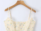 Summer Sexy Corset Yellow Floral Print Tie Bow Strap Camis Women Cross Lacing Up Bandage Bow Back Tank Top Slim Fit Vest Tee