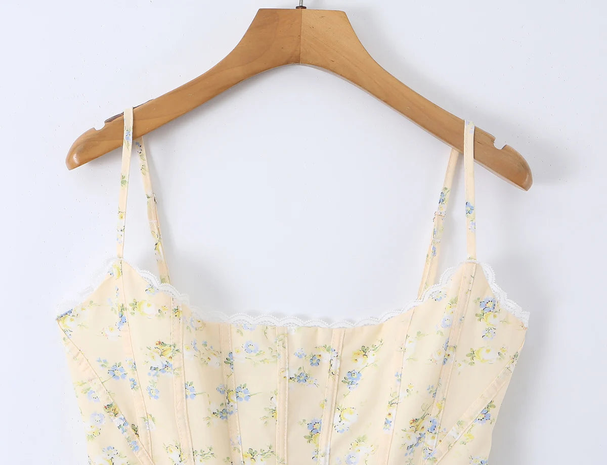 Summer Sexy Corset Yellow Floral Print Tie Bow Strap Camis Women Cross Lacing Up Bandage Bow Back Tank Top Slim Fit Vest Tee