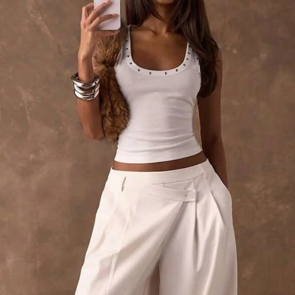 High Quality Y2K Crop Top Diamond Inlaid Cotton Sleeveless Vest Knitted Elegant Camisoles Girl