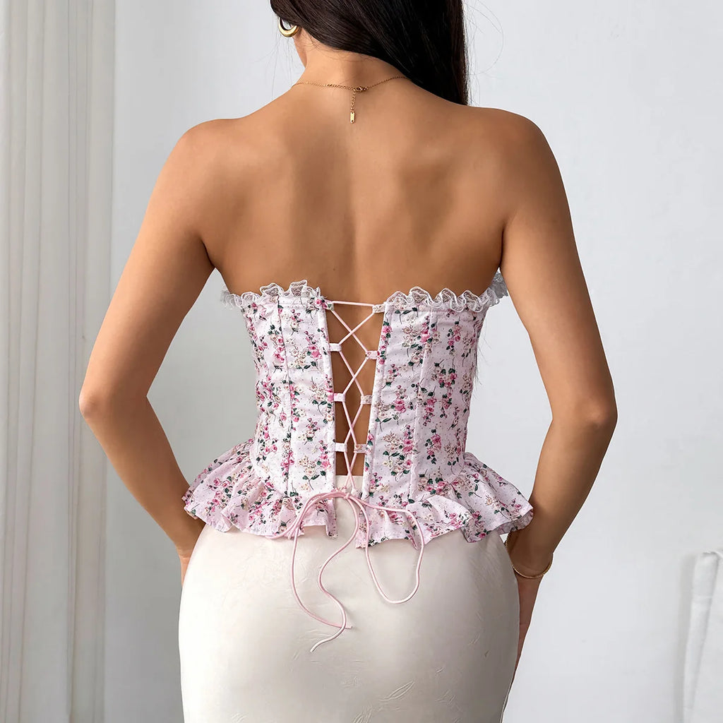 Ruffled Edges Floral Corset Women‘s Strapless Bustier FIshbone Tank Tops Sweet Girl Slim Camisole Shaper Cardigan Sexy Tube Top