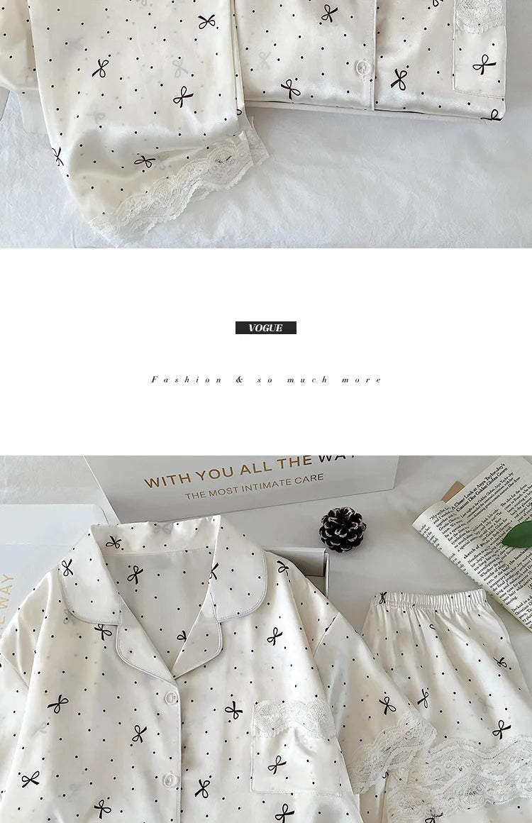 New Korean-Style Elegant Young Ladies' Pyjamas Summer New Arrival Short-Sleeved Polka Dot Bow Ice Silk Pyjama Set Homewear Set