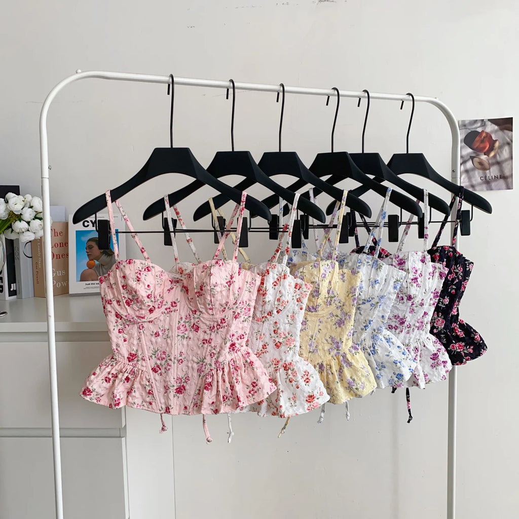Sweet Spicy Floral Print Crop Top Women's Summer Pure Desire Versatile Bell Bottom Sleeveless Vest Belted Waist Halter Neck