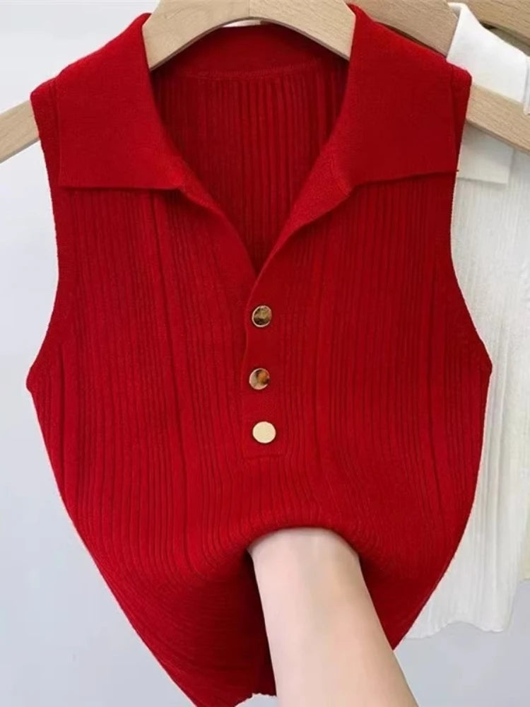 Zjaiss 2026 Spring Summer Slim Versatile Camisole Women's Polo Lapel Tank Tops Vest Ice Silk Knit Sleeveless Tops