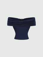 Women's Sexy Off-Shoulder Pleating Metal Buckle Decor Crop Top Casual Slim Fit Strapless Solid Color Top Summer 2026