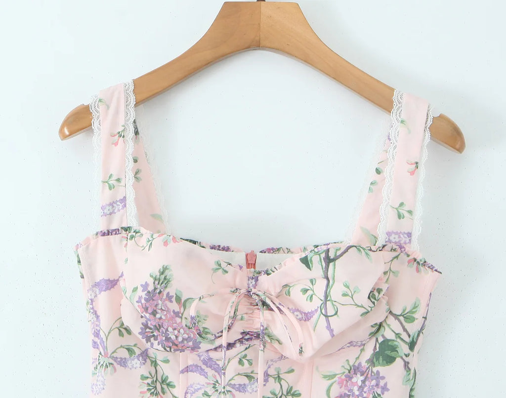 2025 Romantic Pink Floral Print Bow Ruched Bra Chest Sling Dress Women Low Waist Fold Swing Lace Lining Midi Long Dresses Robe
