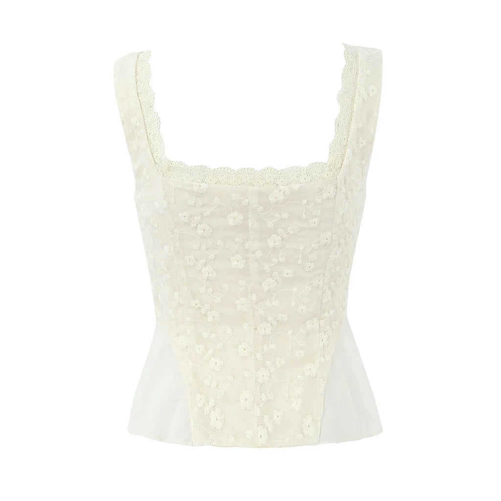 2024 Apricot Spliced Lace Bow Ruched Chest Embroidery Sexy Corset Women Summer Tank Tops Pleated Slim Through Buttons Crop Top