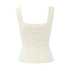 2024 Apricot Spliced Lace Bow Ruched Chest Embroidery Sexy Corset Women Summer Tank Tops Pleated Slim Through Buttons Crop Top