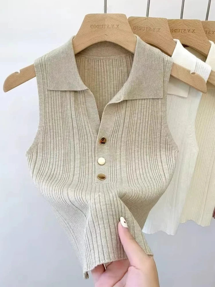 Zjaiss 2026 Spring Summer Slim Versatile Camisole Women's Polo Lapel Tank Tops Vest Ice Silk Knit Sleeveless Tops