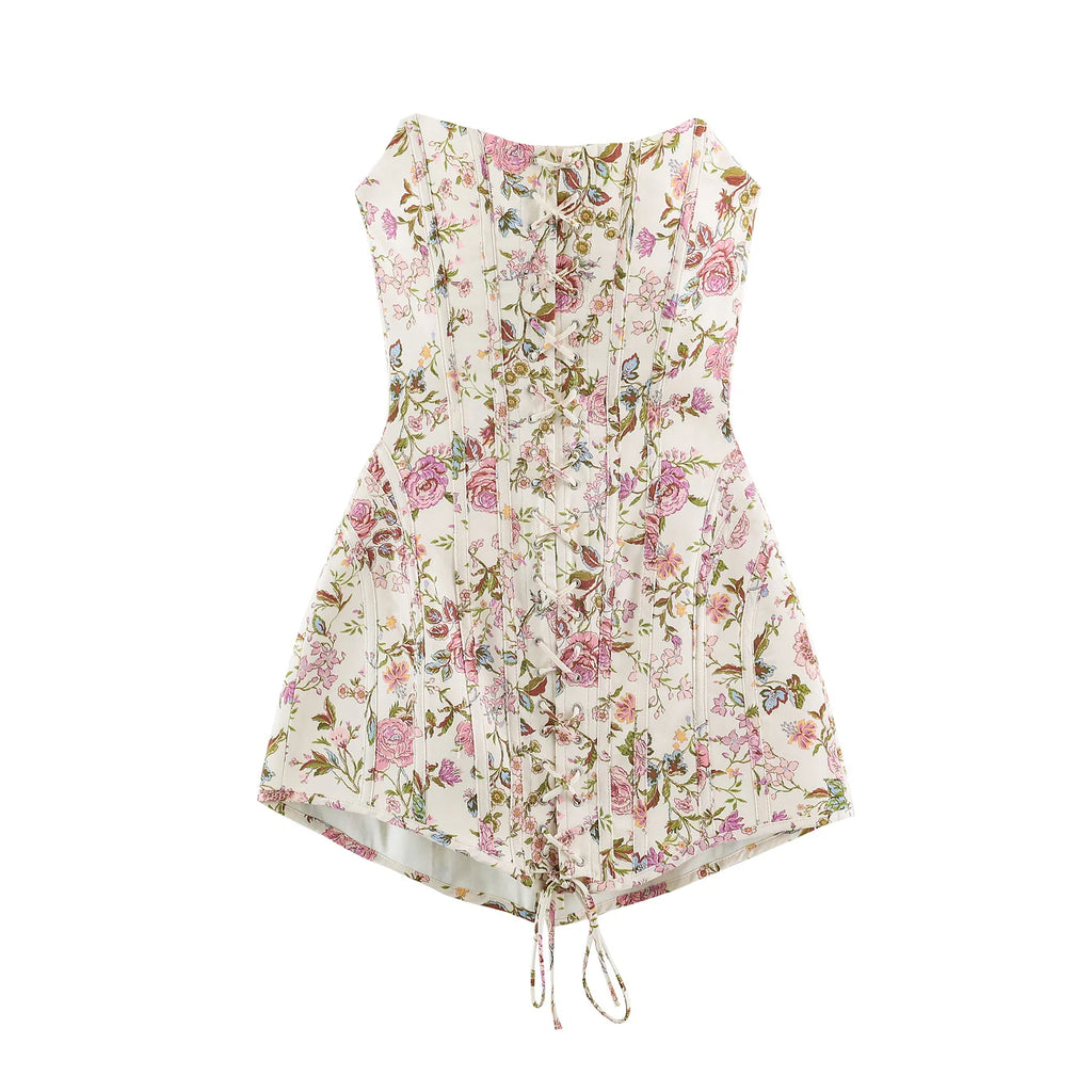 2026 Summer Women's French Elegant Sleeveless Lace-up Wrap Frock Gown Lady Vintage Backless Floral Print Cropped Mini Dresses