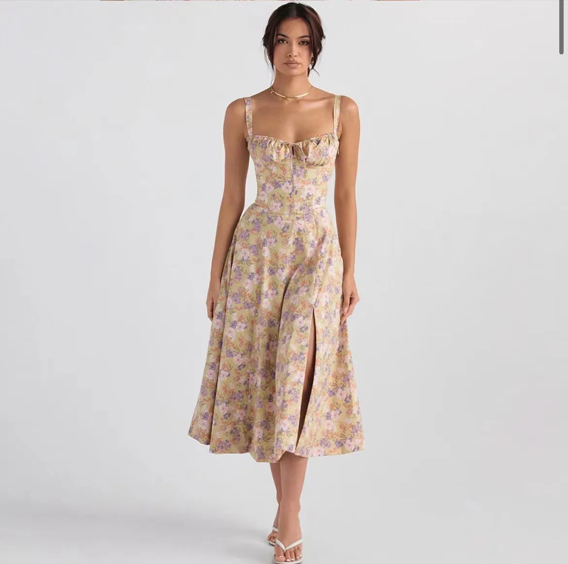 Sexy Pink Corset Midi Sun Dress Women's Lace Up Slit Dresses Female Bandage Sundress White Black Blue Yellow Red 2025 Summer New