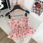 Sweet Spicy Floral Print Crop Top Women's Summer Pure Desire Versatile Bell Bottom Sleeveless Vest Belted Waist Halter Neck