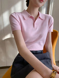 Pink Polo Knitted T-shirt Women Tops Short Sleeve Shirts 2025 New Spring Summer Shirt for Women Clothing