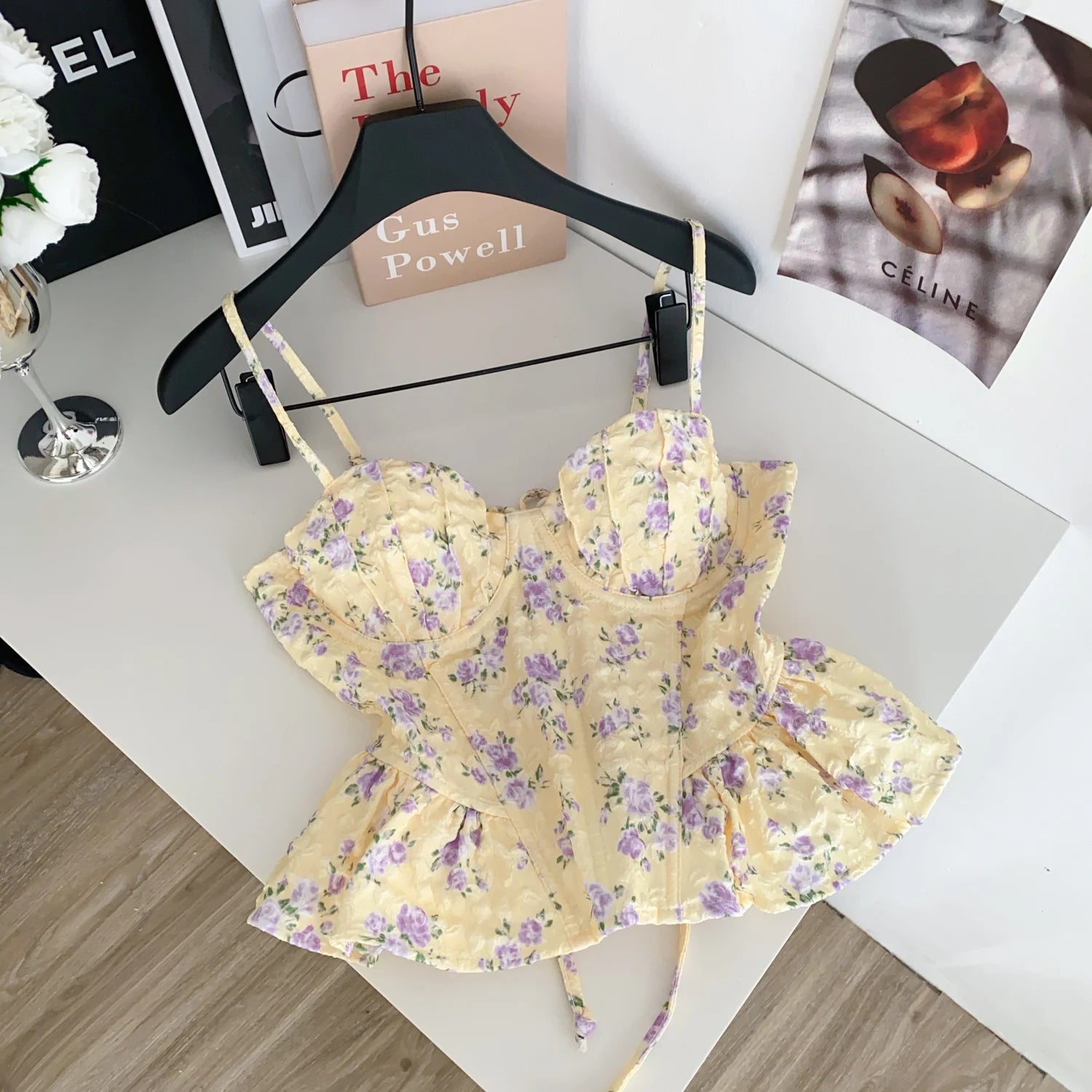 Sweet Spicy Floral Print Crop Top Women's Summer Pure Desire Versatile Bell Bottom Sleeveless Vest Belted Waist Halter Neck