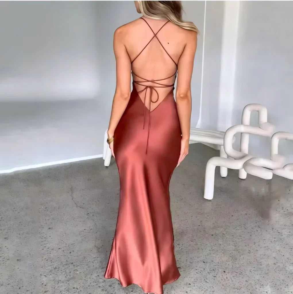 New Fashion Backless Women's Evening Dresses Slash Neck Spaghetti Strap Satin Dress Spring and Summer High Waist Slim Lady Dress