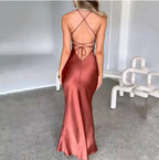 New Fashion Backless Women's Evening Dresses Slash Neck Spaghetti Strap Satin Dress Spring and Summer High Waist Slim Lady Dress