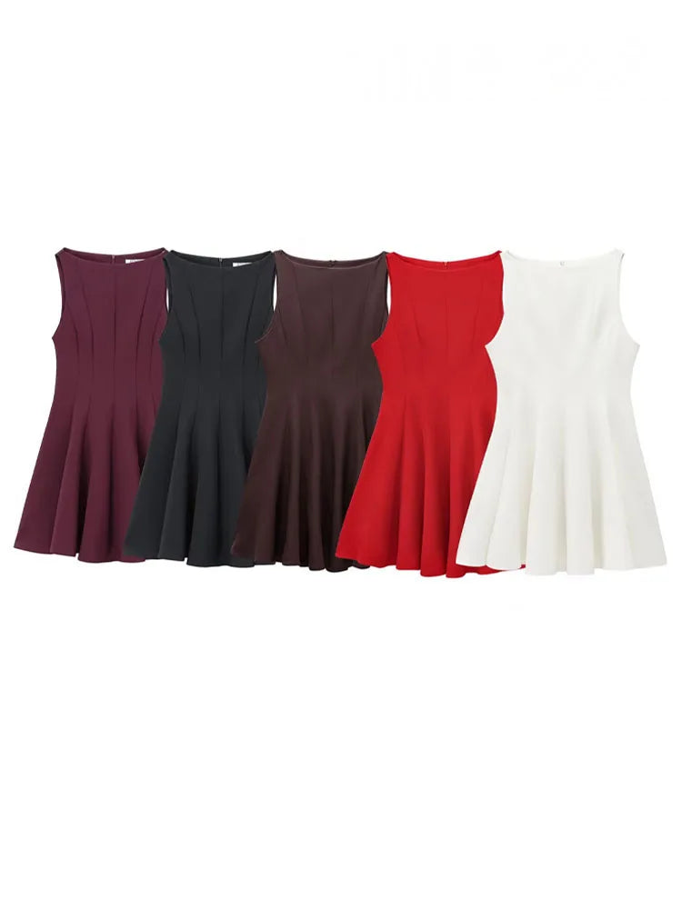 HH Women Summer Sexy Sleeveless Solid Casual Mini Dress Female Vintage Chic High Street Slim Rear Zipper Pleated Dress