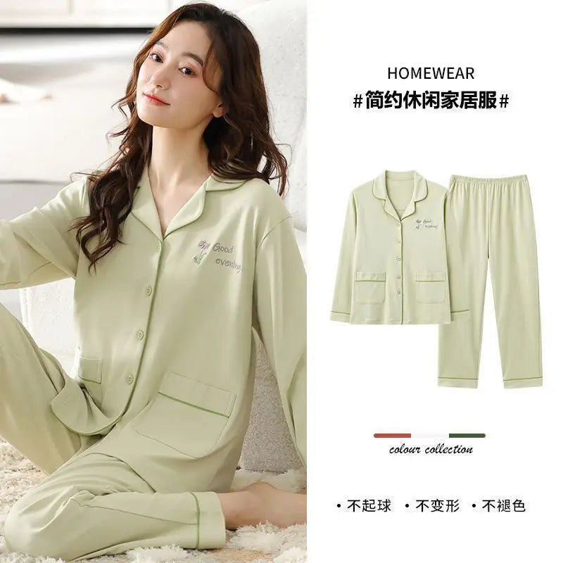 Spring Autumn Loose Long Sleeve Sleepwear Thin Home Clothes Set for Women Cotton Comfortable Home Suit Large Size Options