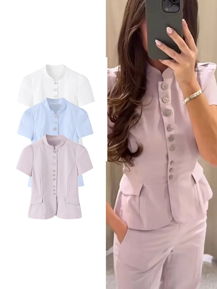 TFMLN Women's Striped Shirt Chic Short Sleeve High Street Commuting Style Slim Fit Fashion Ladies Short Sleeve Tops Summer New