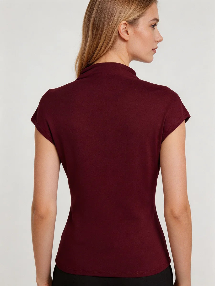 Hot Mock Neck Stretchy Slim Fit Burgundy Cap Sleeve Top, Blouse for Women Office & Daily