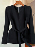 Minimalist Black Long Sleeve Blouse Collarless Tie Waist Split Hem Casual Daily Wear Top