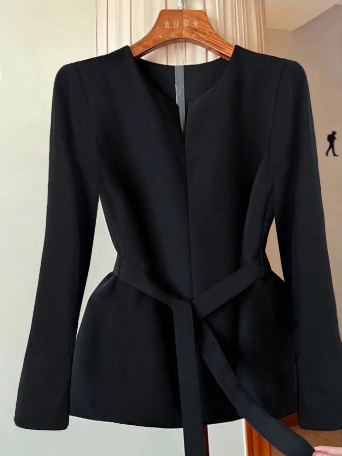Minimalist Black Long Sleeve Blouse Collarless Tie Waist Split Hem Casual Daily Wear Top