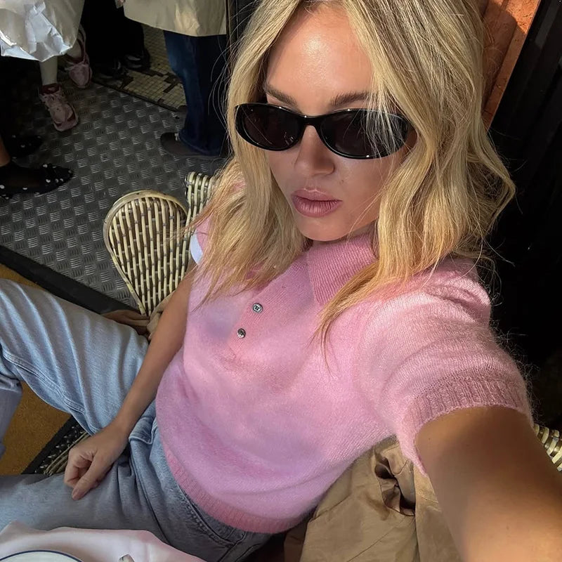 Tornova Mohair Knitted T-shirt for Women Casual Short Sleeve Lapel Loose Sweater Top Solid Summer 2026 New Office Lady T Shirt