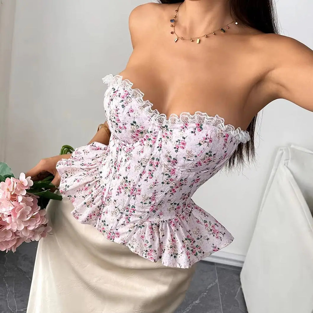Ruffled Edges Floral Corset Women‘s Strapless Bustier FIshbone Tank Tops Sweet Girl Slim Camisole Shaper Cardigan Sexy Tube Top