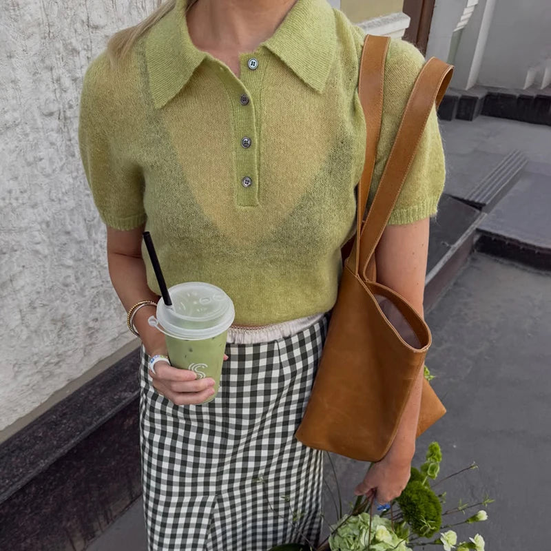 Tornova Mohair Knitted T-shirt for Women Casual Short Sleeve Lapel Loose Sweater Top Solid Summer 2026 New Office Lady T Shirt