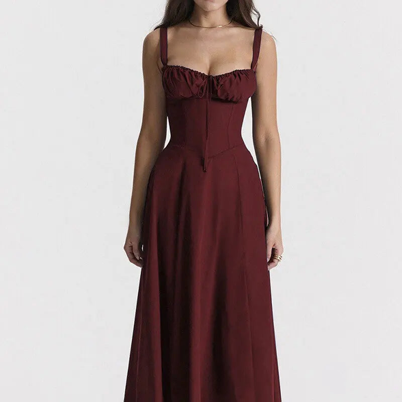 Sexy Pink Corset Midi Sun Dress Women's Lace Up Slit Dresses Female Bandage Sundress White Black Blue Yellow Red 2025 Summer New