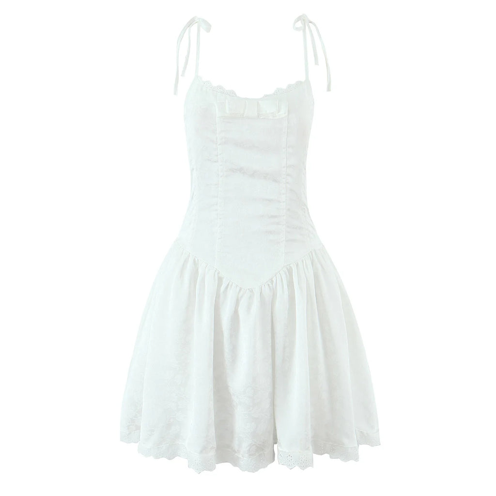 Women Sexy Pink White Jacquard Floral Bow Lacing Up Sling Dress Low Waist Spliced Lace Ball Gown Mini Dresses Party Robe