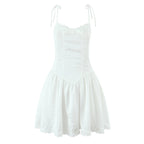 Women Sexy Pink White Jacquard Floral Bow Lacing Up Sling Dress Low Waist Spliced Lace Ball Gown Mini Dresses Party Robe